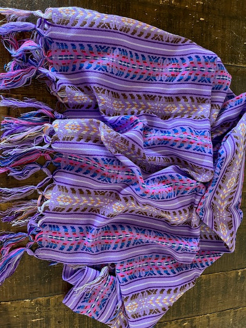 Lavender shawl, back strap loomed